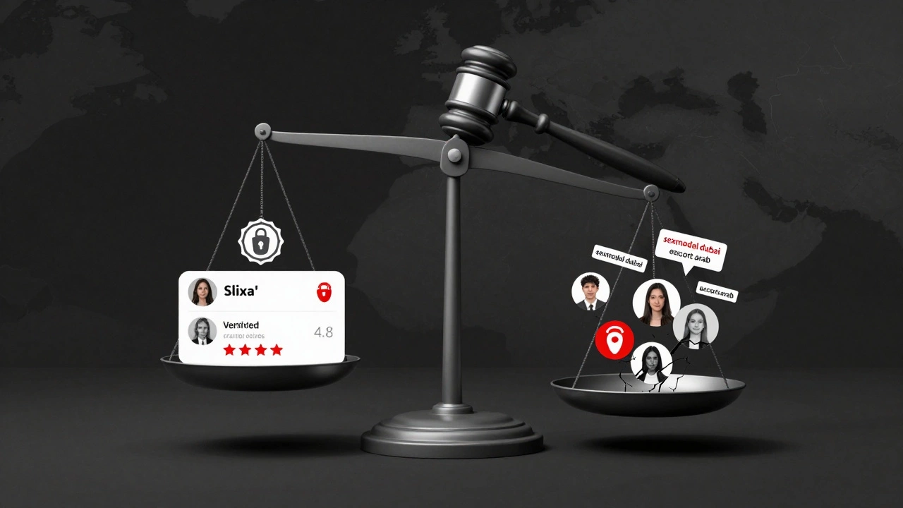 A balance scale weighing verified user safety against exploitative content and hidden tracking in dating apps.