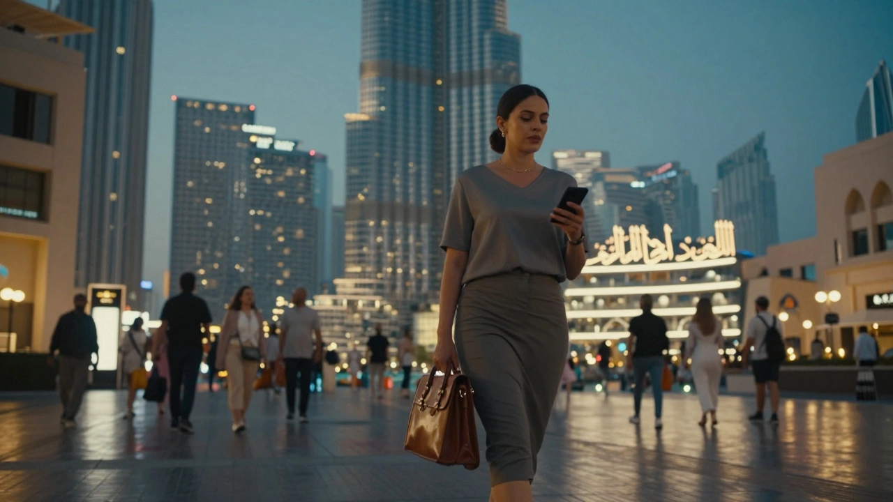 A woman walks calmly through the illuminated streets of Dubai, blending into the city’s cosmopolitan atmosphere.