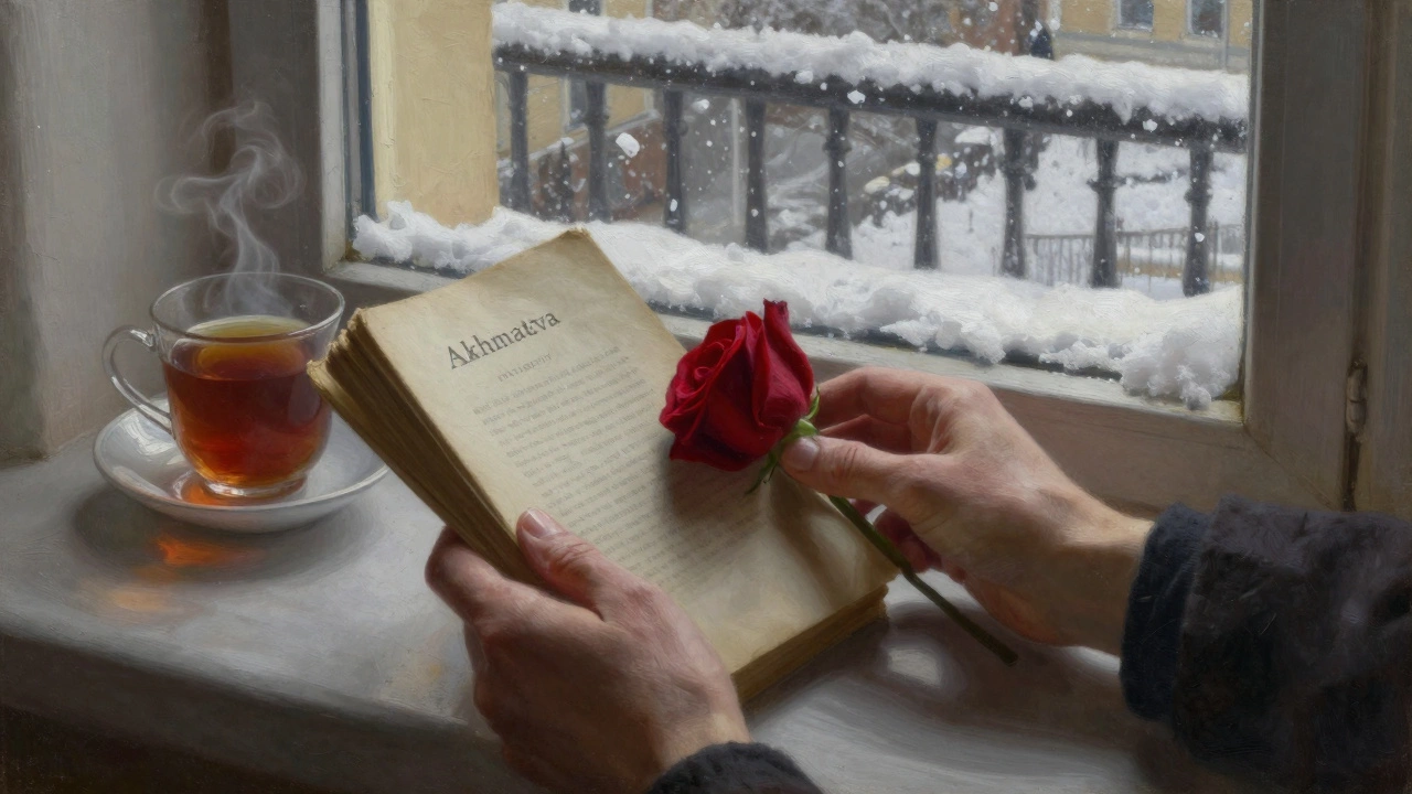 A worn book of Russian poetry and a single rose rest on a windowsill as snow falls outside in St. Petersburg.