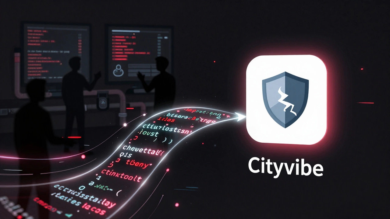 Digital code flowing from Slixa&#039;s repository into Cityvibe&#039;s app, with shadowy data manipulation in the background.